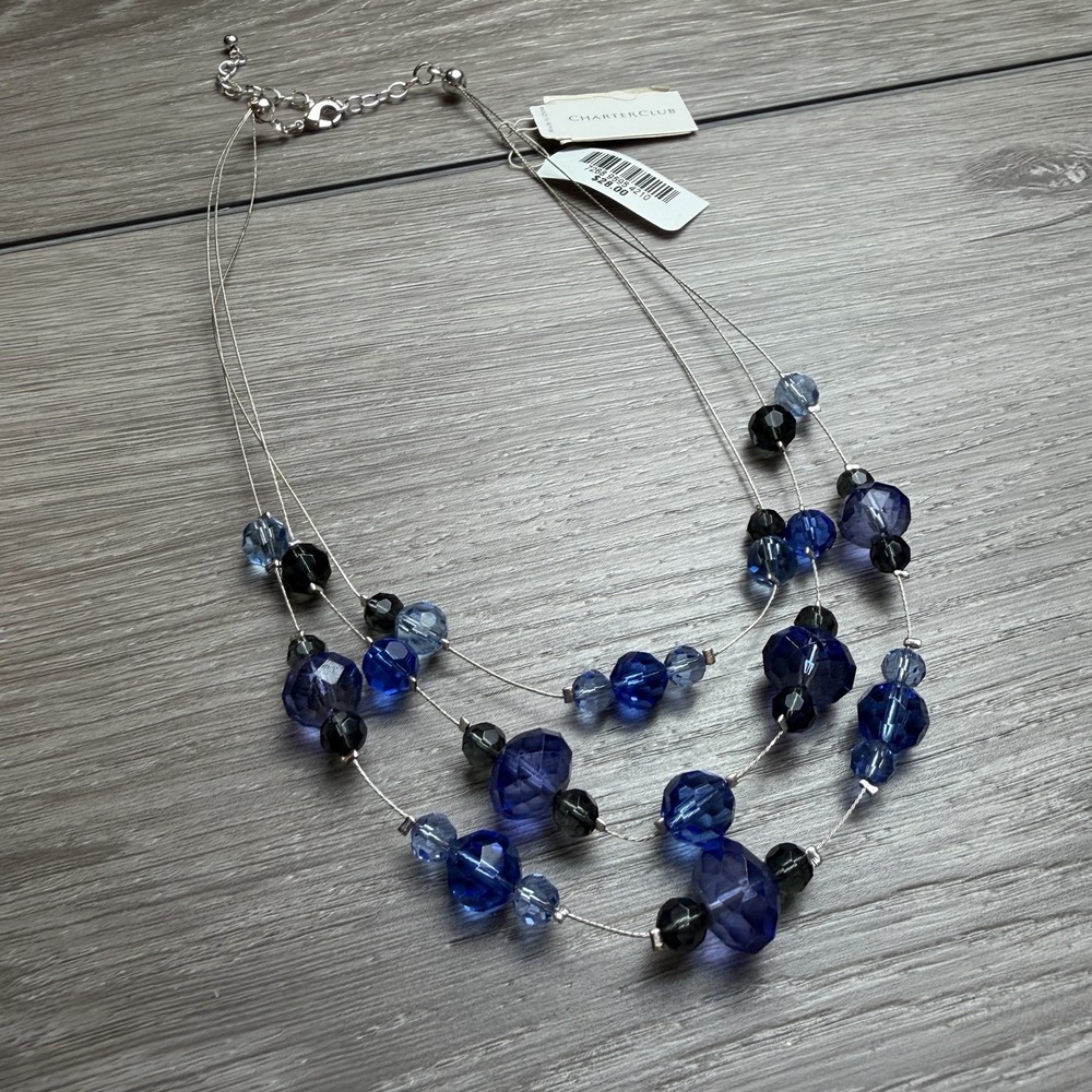 Charter Club Multi Strand Illusion Necklace Blue Black Crystal Beads New